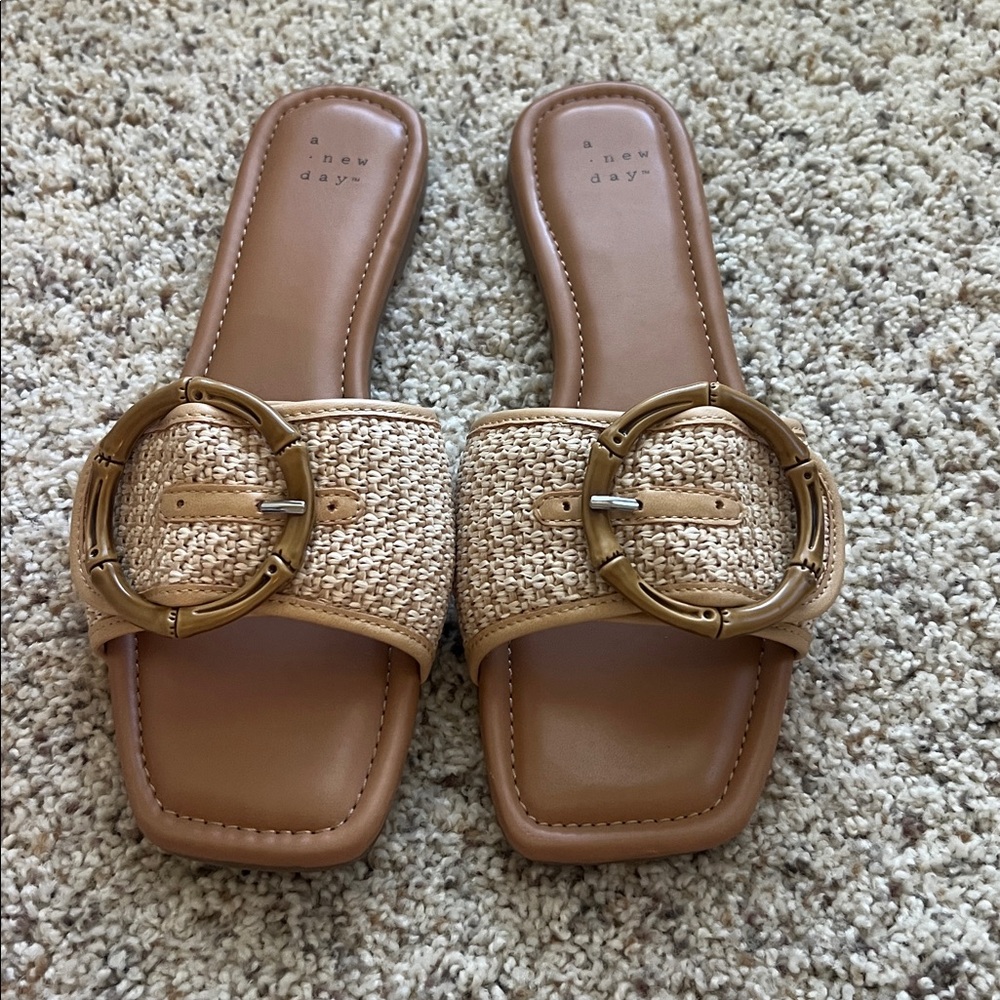 A New Day Beige Woven Buckle Slide Sandals